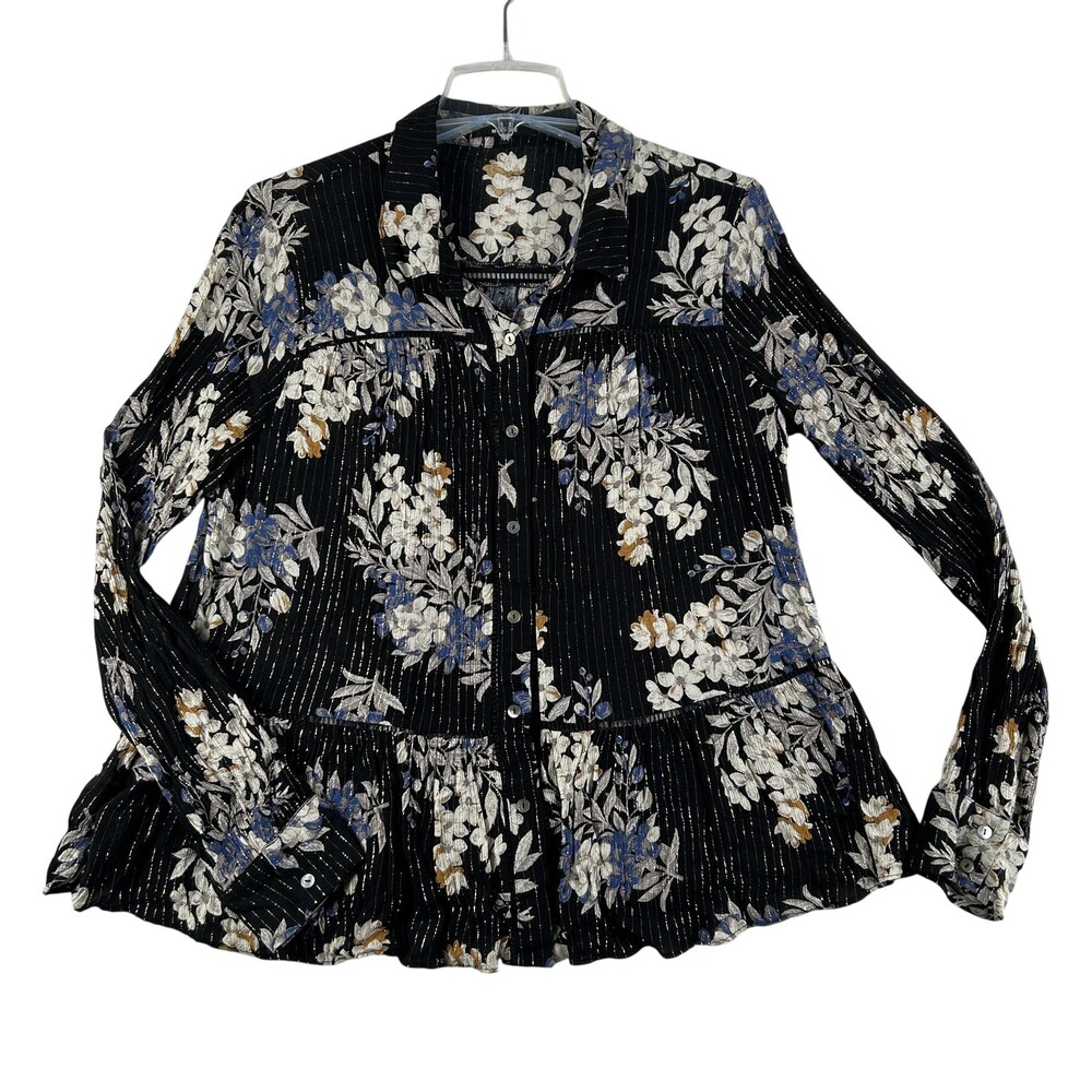Miss Me Button Up Shirt Womens Medium Black Floral Ruffle Hem Long Sleeve Boho